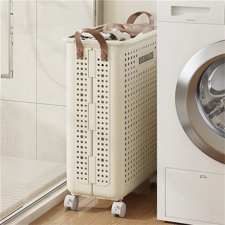VISUALIZE Cesto de Roupas Dobrável de Design Oco com Alças e Rodas, Tamanho XL - Branco Creme