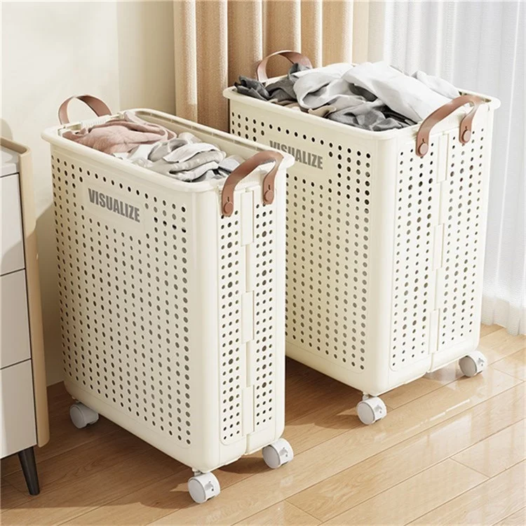 VISUALIZE Cesto de Roupas Dobrável de Design Oco com Alças e Rodas, Tamanho XL - Branco Creme