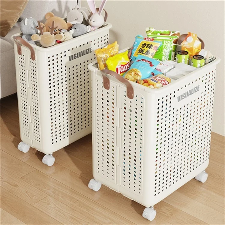 VISUALIZE Cesto de Roupas Dobrável de Design Oco com Alças e Rodas, Tamanho XL - Branco Creme
