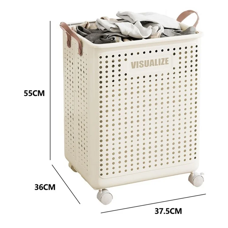 VISUALIZE Cesto de Roupas Dobrável de Design Oco com Alças e Rodas, Tamanho XL - Branco Creme