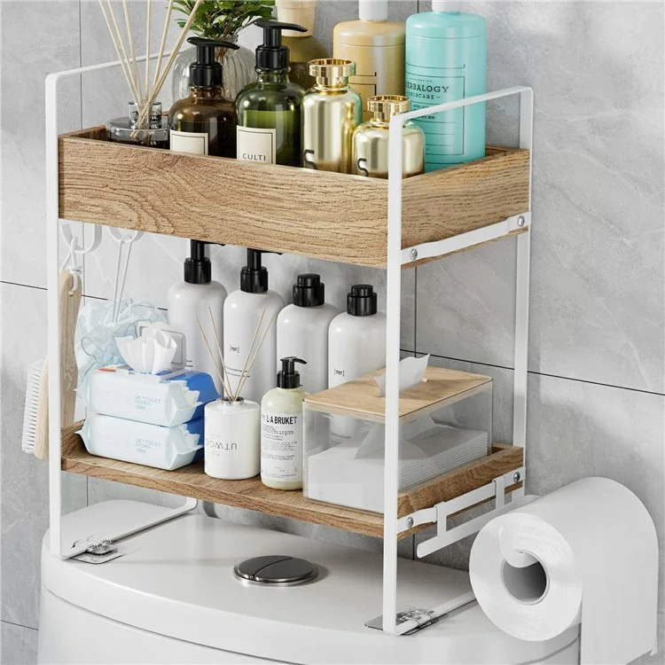 Scaffale multifunzione da appendere al water, a 2 ripiani, organizer da bagno con ganci - Bianco