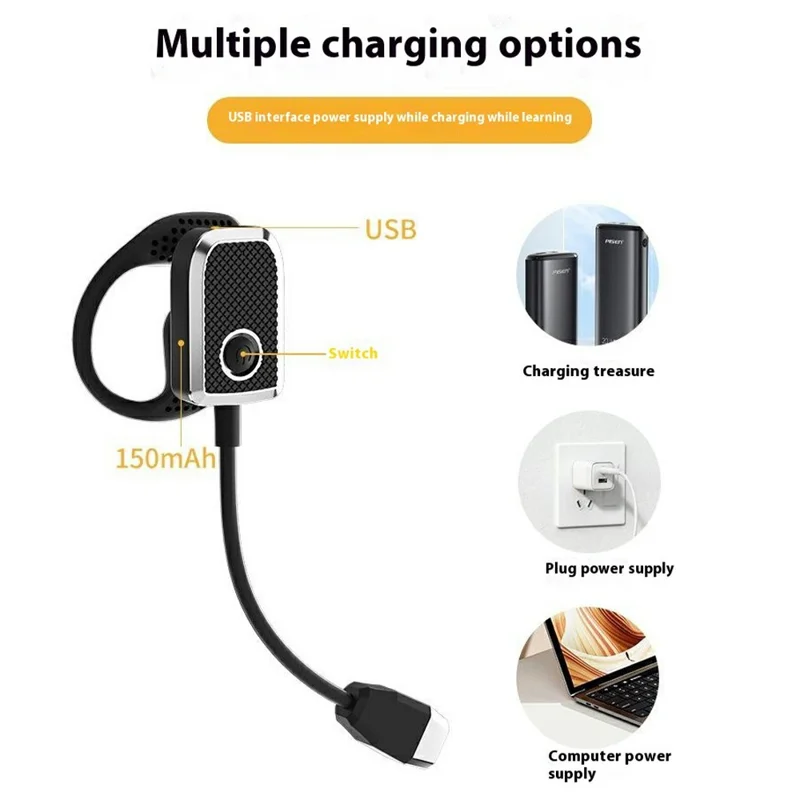 Ear Hook Reading Light Flexible Gooseneck Dimmable Book Light for Dormitory Study - Black