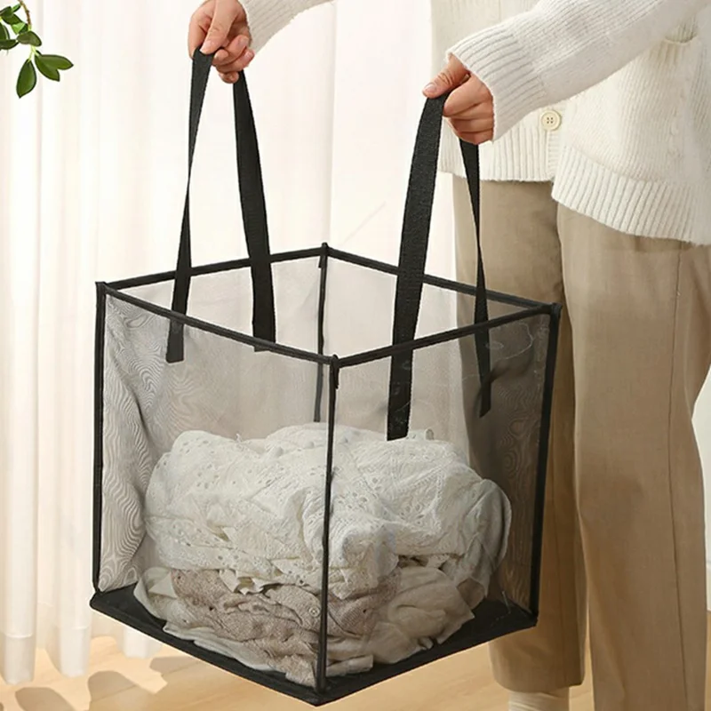 Single Layer Portable Square Mesh Laundry Basket with Handles Foldable Clothes Hamper - Black