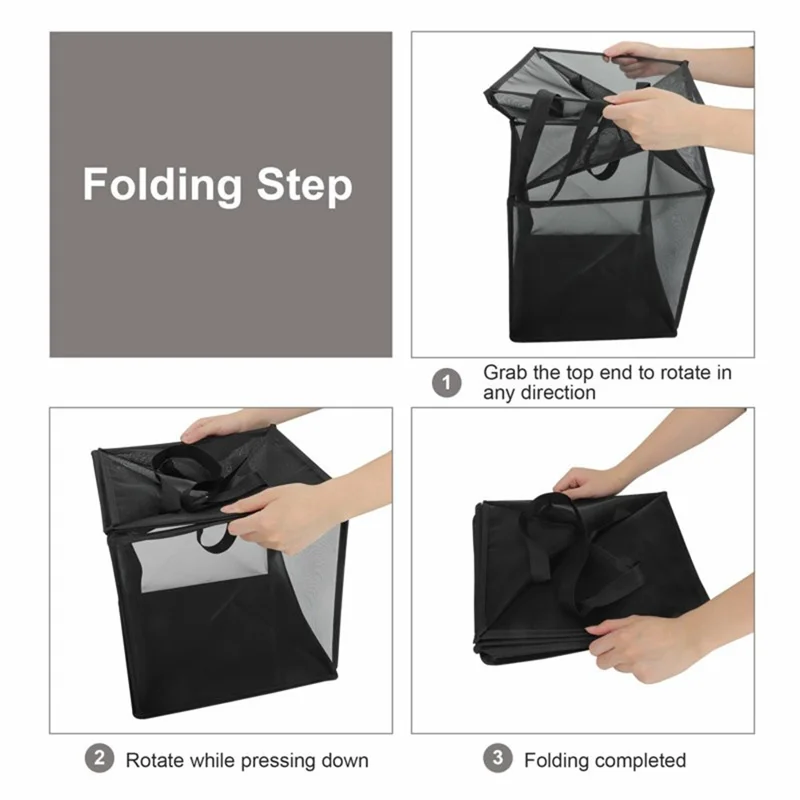 Single Layer Portable Square Mesh Laundry Basket with Handles Foldable Clothes Hamper - Black