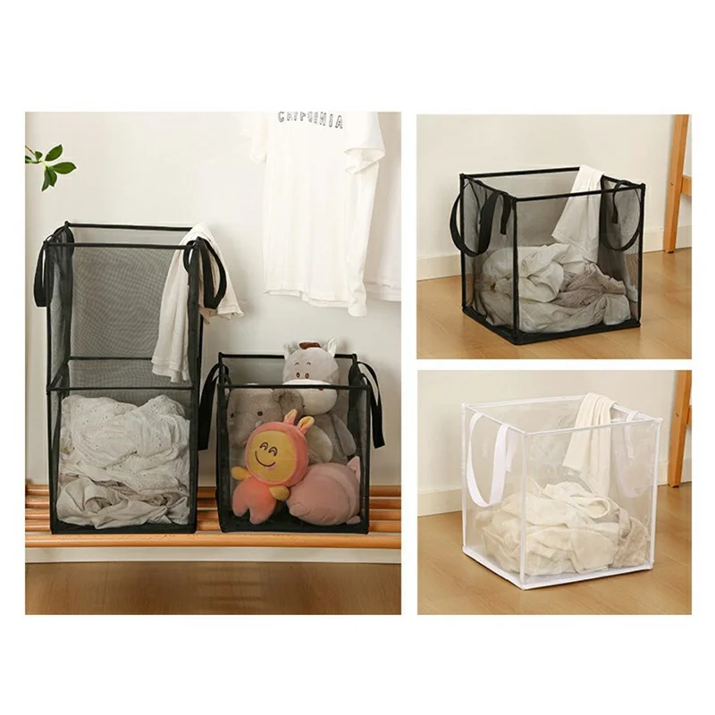 Single Layer Portable Square Mesh Laundry Basket with Handles Foldable Clothes Hamper - Black