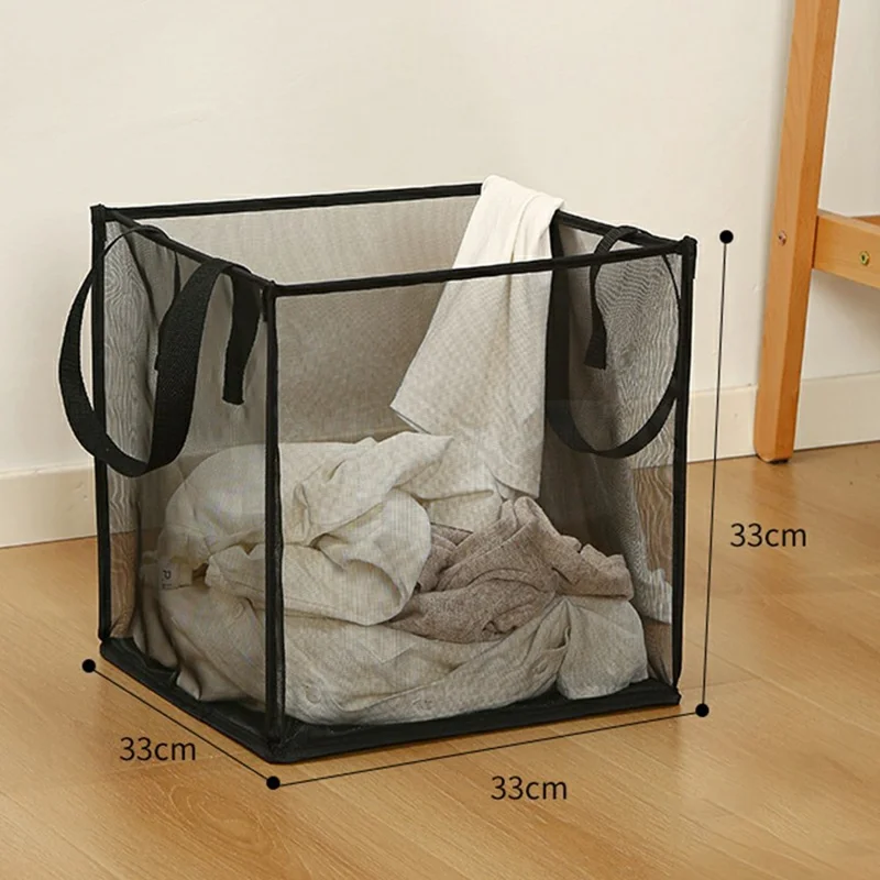 Single Layer Portable Square Mesh Laundry Basket with Handles Foldable Clothes Hamper - Black