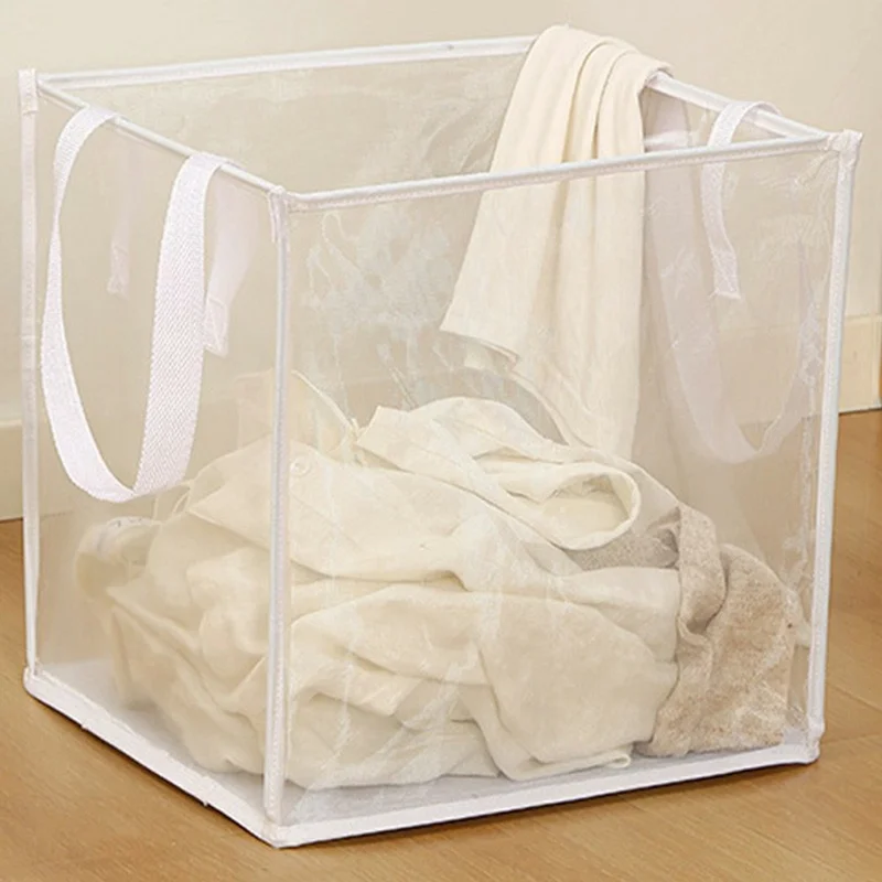 Single Layer Portable Square Mesh Laundry Basket with Handles Foldable Clothes Hamper - White