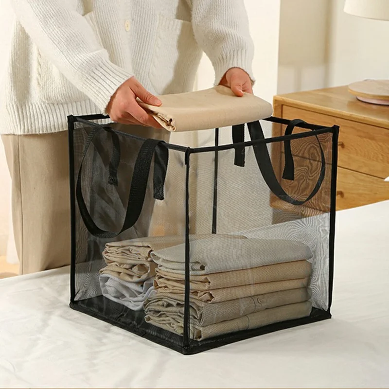 Single Layer Portable Square Mesh Laundry Basket with Handles Foldable Clothes Hamper - White
