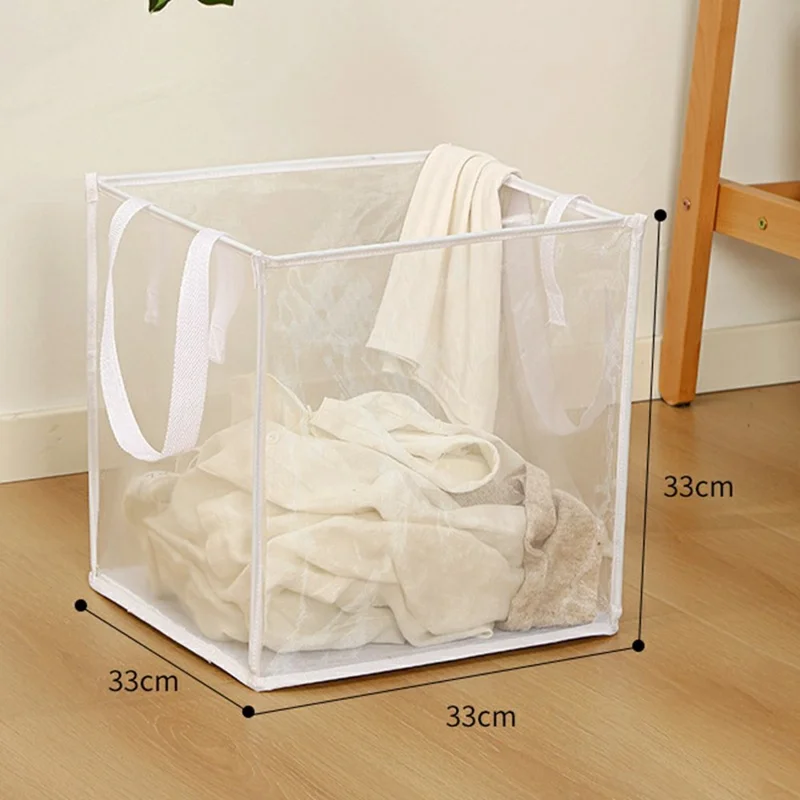 Single Layer Portable Square Mesh Laundry Basket with Handles Foldable Clothes Hamper - White