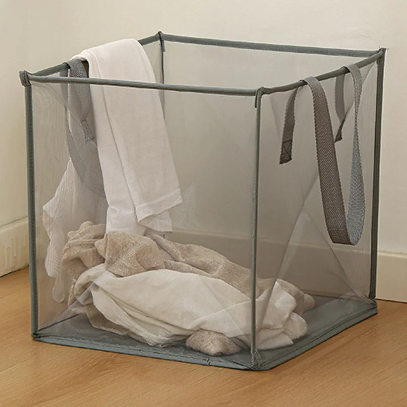 Single Layer Portable Square Mesh Laundry Basket with Handles Foldable Clothes Hamper - Grey