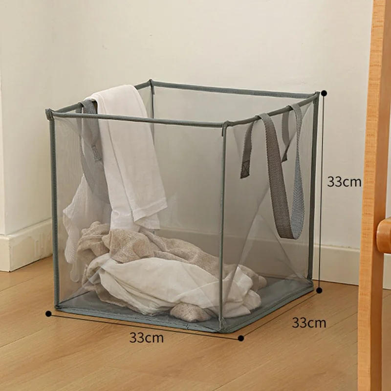 Single Layer Portable Square Mesh Laundry Basket with Handles Foldable Clothes Hamper - Grey