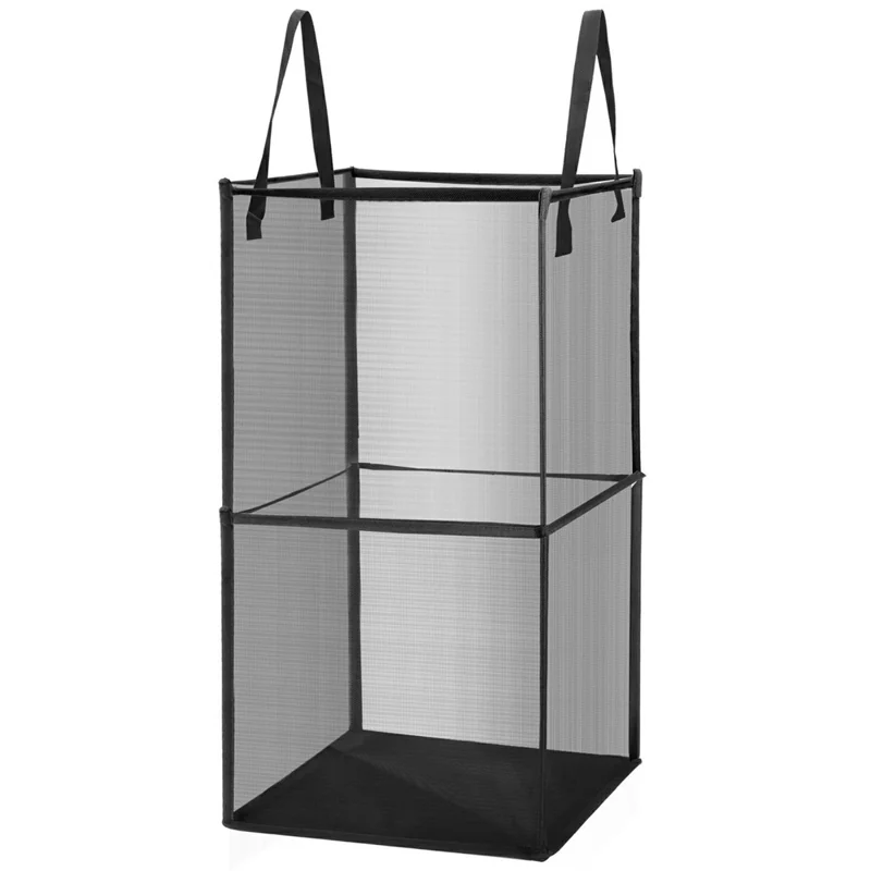 Double Layer Portable Square Mesh Laundry Basket with Handles Foldable Clothes Hamper - Black