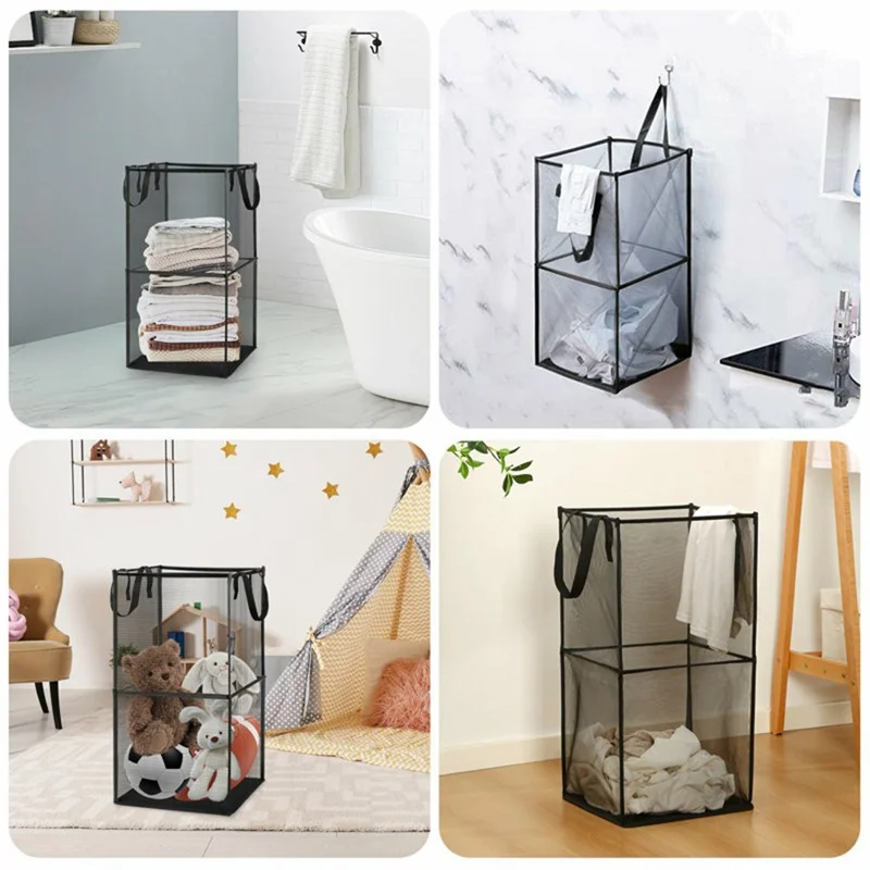 Double Layer Portable Square Mesh Laundry Basket with Handles Foldable Clothes Hamper - Black
