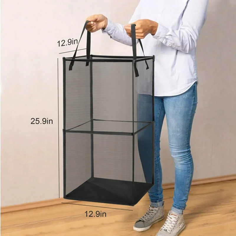 Double Layer Portable Square Mesh Laundry Basket with Handles Foldable Clothes Hamper - Black