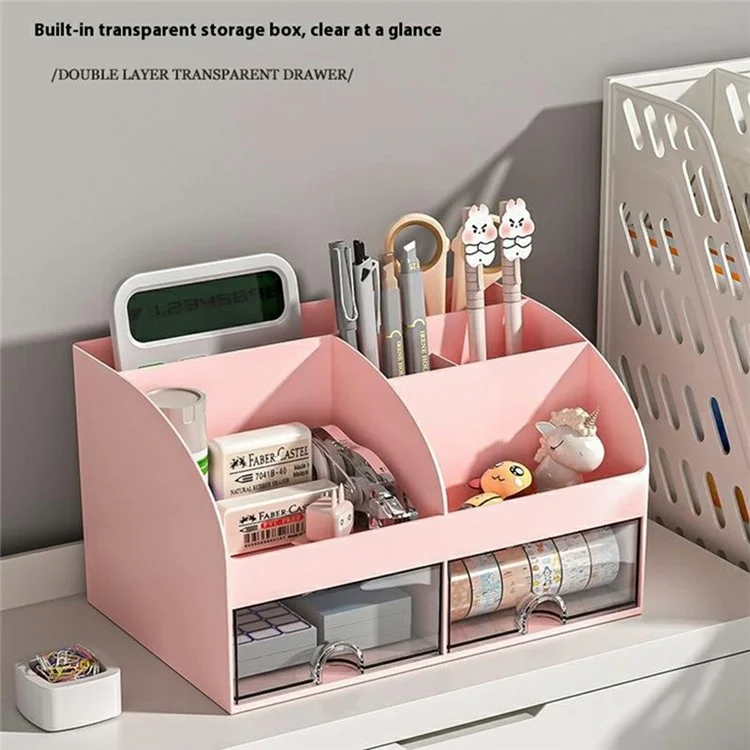Plastic Desktop Organizer Rack Stationery Sundries Storage Box with Transparent Drawers - White