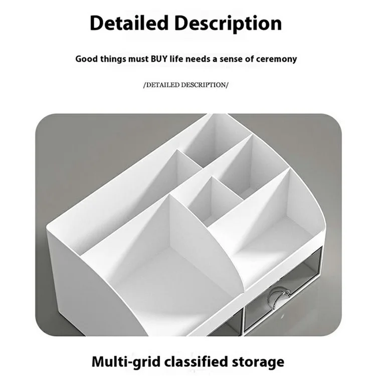 Plastic Desktop Organizer Rack Stationery Sundries Storage Box with Transparent Drawers - White