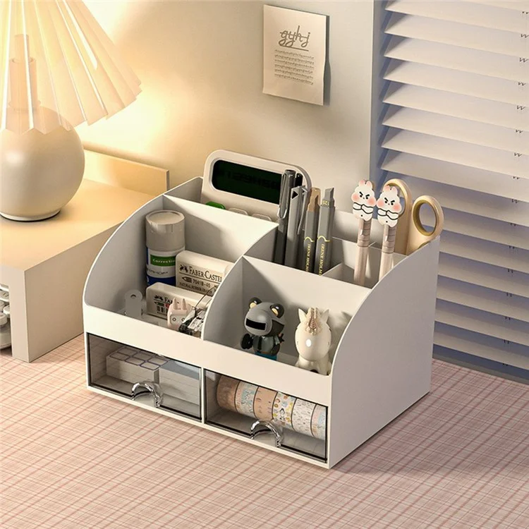Plastic Desktop Organizer Rack Stationery Sundries Storage Box with Transparent Drawers - White