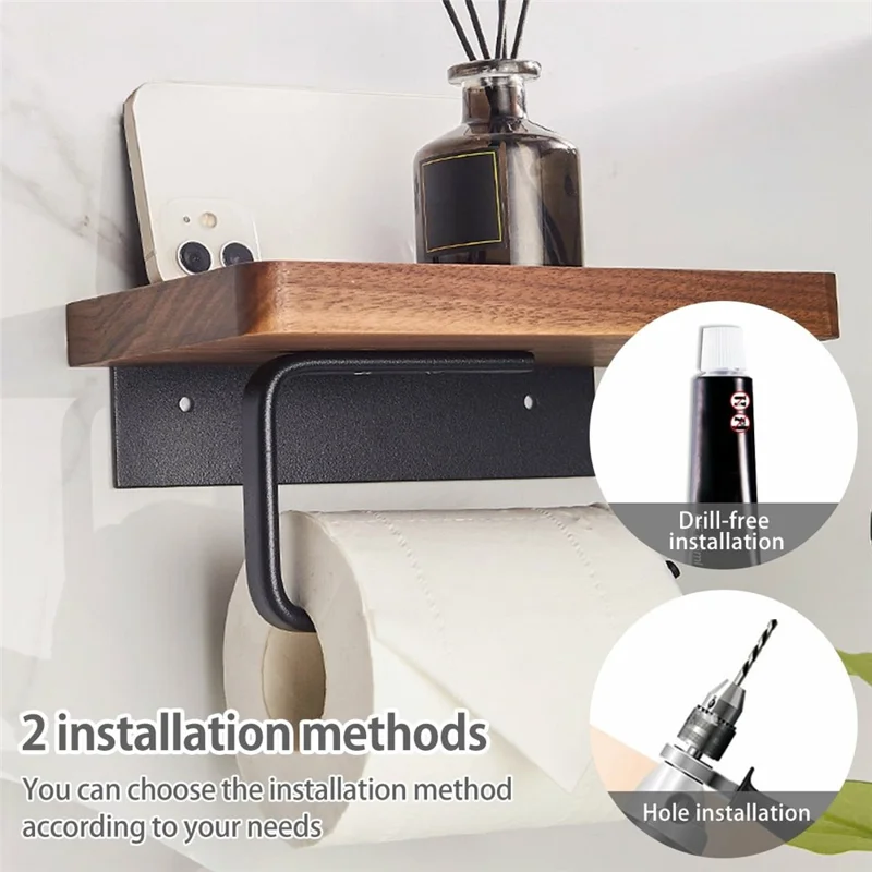 Wooden Toilet Paper Holder with Phone Shelf Wall Mounted Bathroom Tissue Roll Dispenser Drill-Free Storage Rack - Light Brown