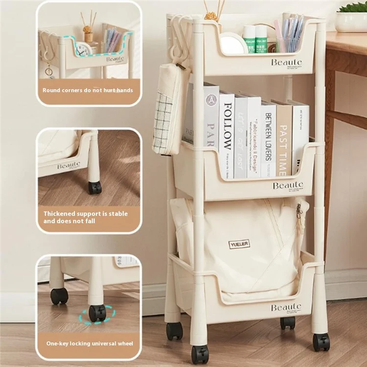 Slim 3-Tier Rolling Cart Storage Rack Under Desk Organizer for Home  /  Student Use with Wheels