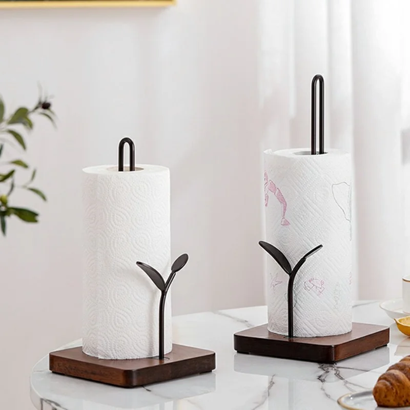 CYF-077 Square Wooden Base Roll Paper Holder Stand Kitchen Vertical Cling Film Storage Rack