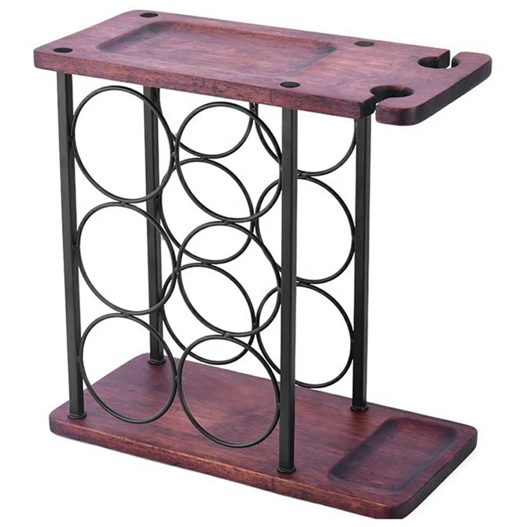 CYF-626A Wine Rack Holder Stand 6 Bottles 2 Glasses Storage Organizer Wood Iron Tabletop Display
