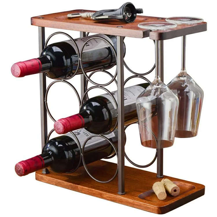 CYF-626A Wine Rack Holder Stand 6 Bottles 2 Glasses Storage Organizer Wood Iron Tabletop Display