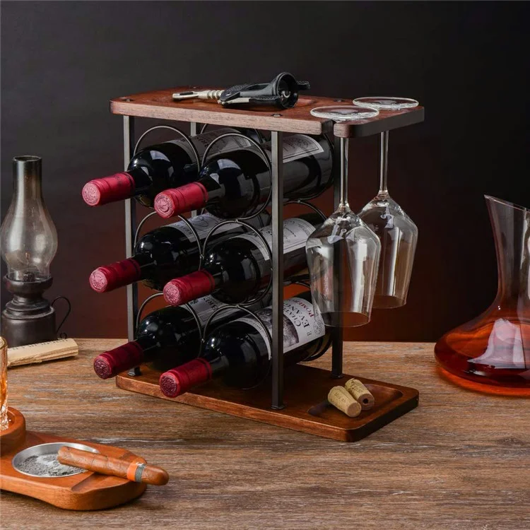 CYF-626A Wine Rack Holder Stand 6 Bottles 2 Glasses Storage Organizer Wood Iron Tabletop Display