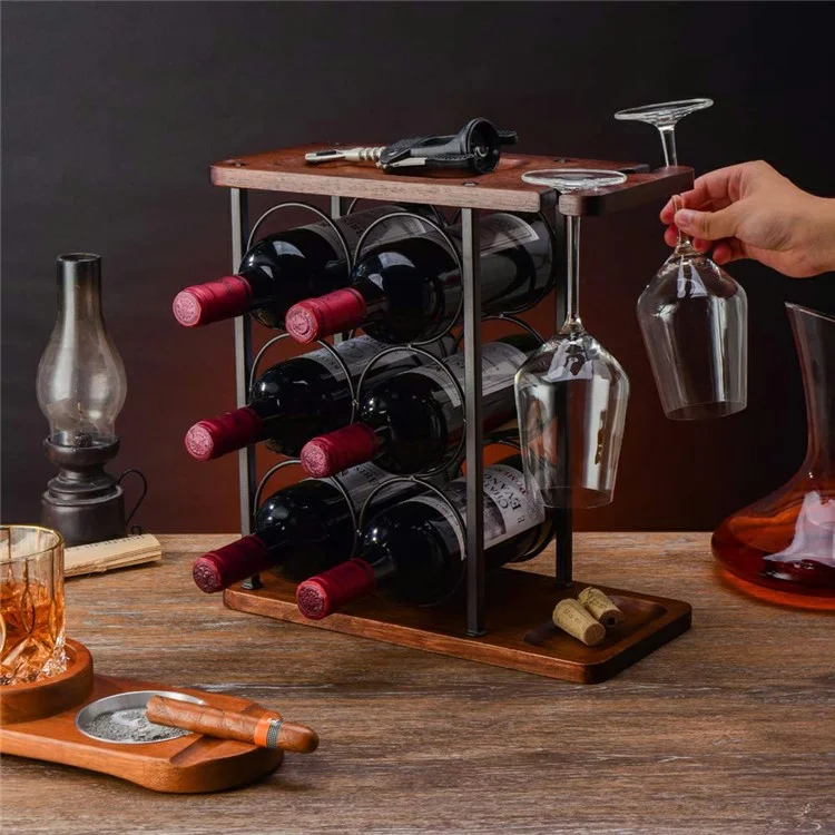 CYF-626A Wine Rack Holder Stand 6 Bottles 2 Glasses Storage Organizer Wood Iron Tabletop Display