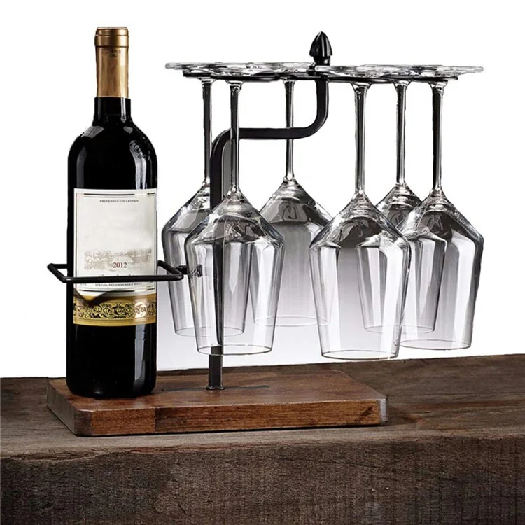 Soporte de cristalería de vino CYF-629 Estante de hierro Organizador de exhibición con base de madera