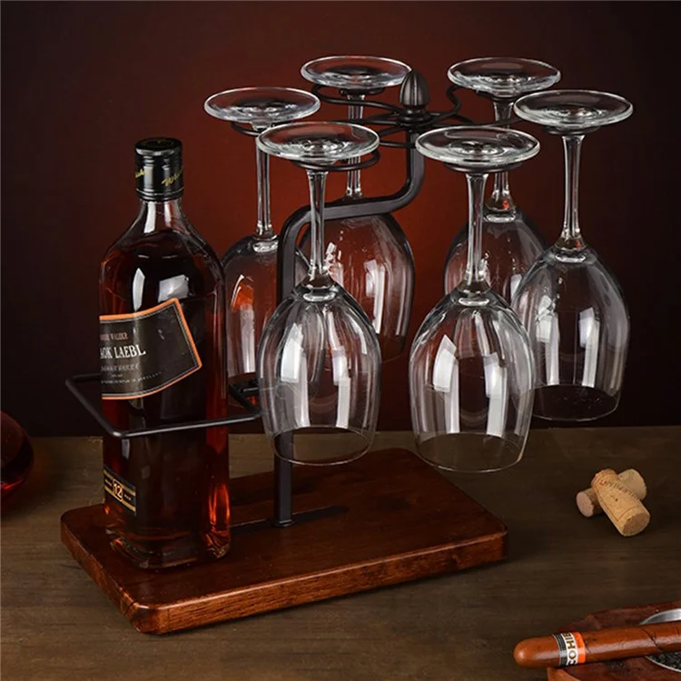 Soporte de cristalería de vino CYF-629 Estante de hierro Organizador de exhibición con base de madera
