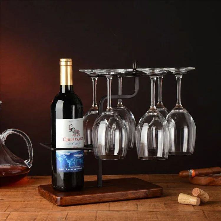 Soporte de cristalería de vino CYF-629 Estante de hierro Organizador de exhibición con base de madera