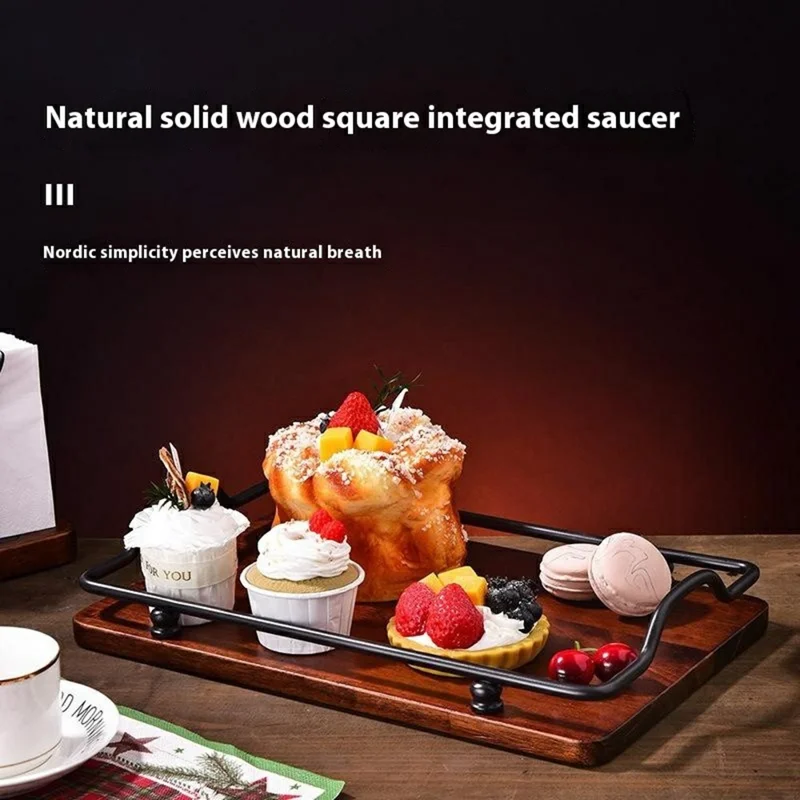 CYF-639 Vintage Wooden Dessert Tray with Iron Handle Serving Platter for Afternoon Tea  /  Coffee