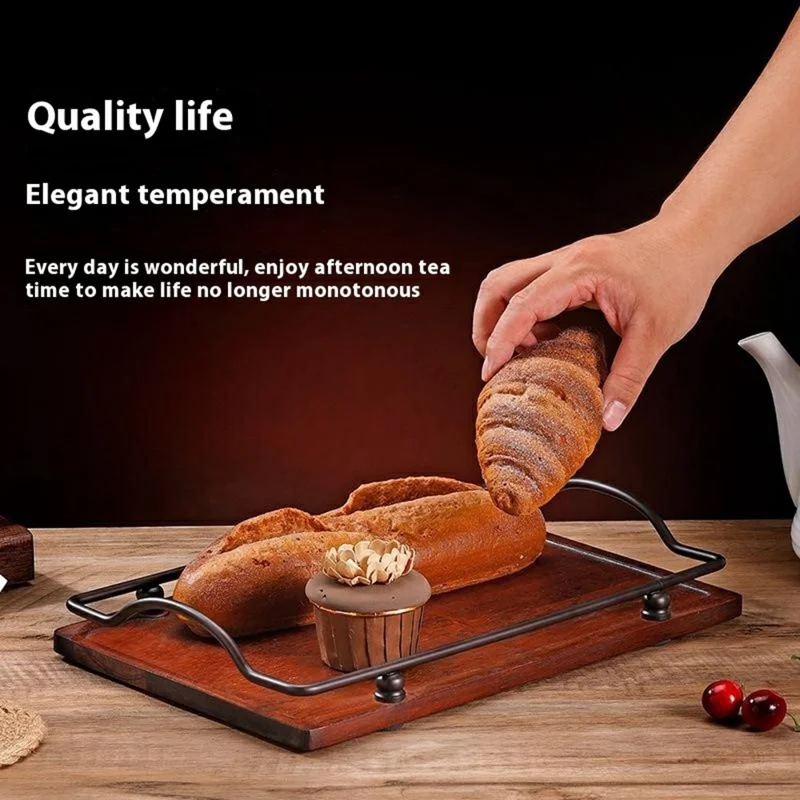 CYF-639 Vintage Wooden Dessert Tray with Iron Handle Serving Platter for Afternoon Tea  /  Coffee