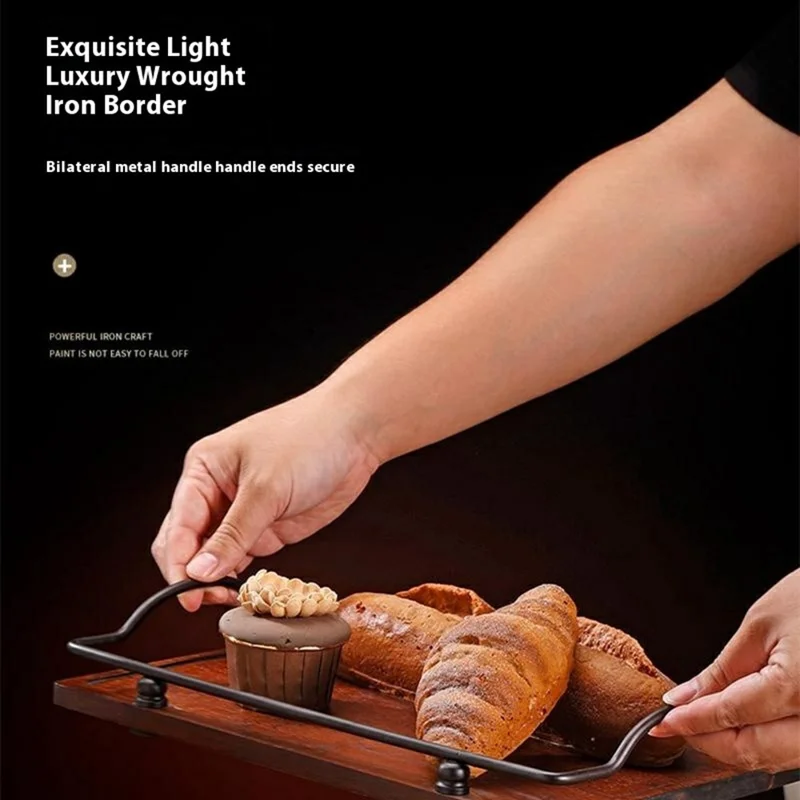 CYF-639 Vintage Wooden Dessert Tray with Iron Handle Serving Platter for Afternoon Tea  /  Coffee