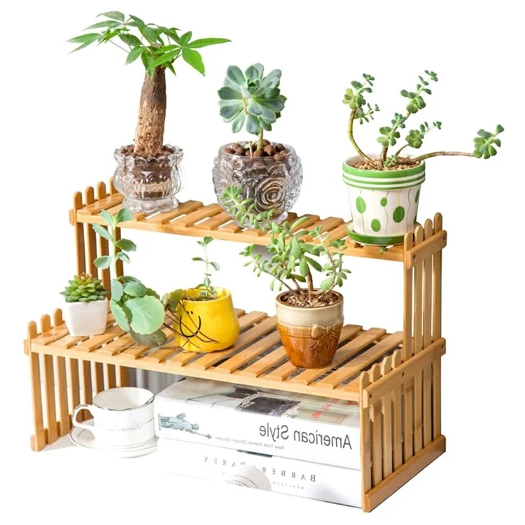 A27 Bamboo Plant Stand 2 Tier Desktop Succulent Holder Shelf for Office / Living Room
