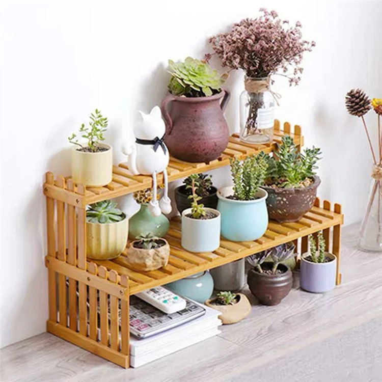A27 Bamboo Plant Stand 2 Tier Desktop Succulent Holder Shelf for Office / Living Room