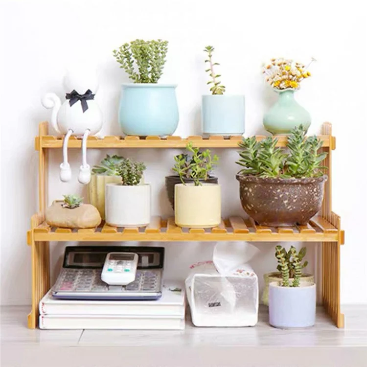 A27 Bamboo Plant Stand 2 Tier Desktop Succulent Holder Shelf for Office / Living Room