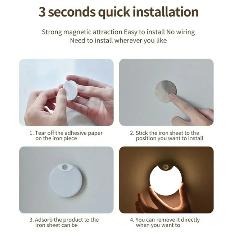 F13 4Pcs Dimmable Motion Sensor Night Light Rechargeable Magnetic LED Lamp for Bedroom Hallway - White Light
