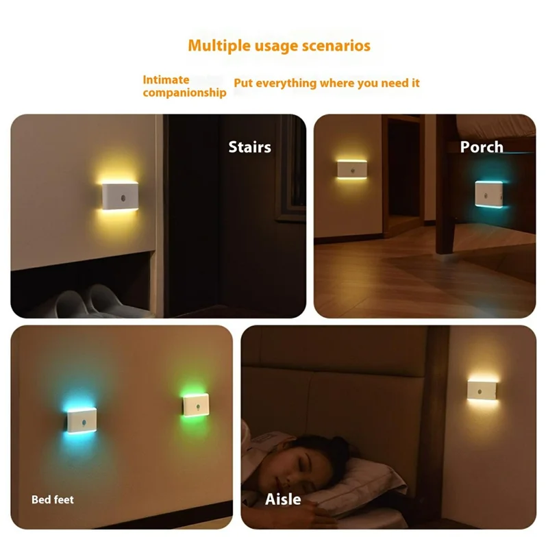 F19 2Pcs RGB Motion Sensor Lamp Rechargeable Bedroom Corridor Magnetic LED Night Light