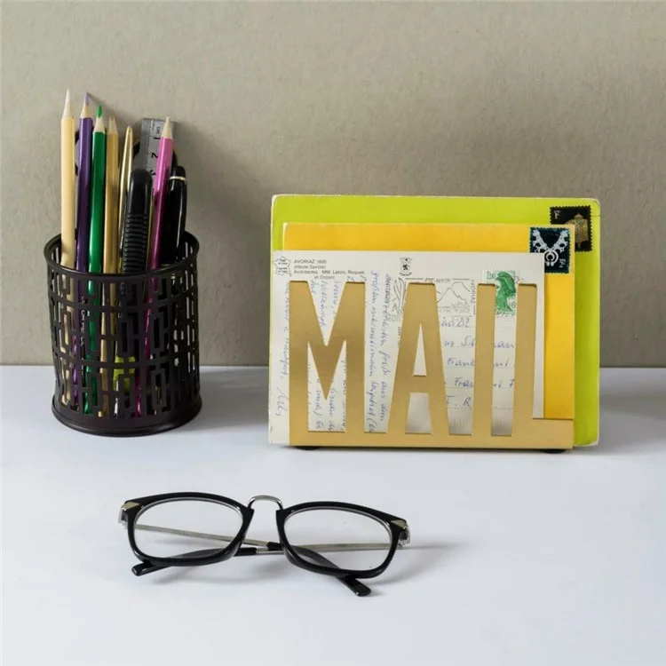 006-1 Desktop Mail Organizer Letters Design Metal Sorter File Holder for Home Office - Gold