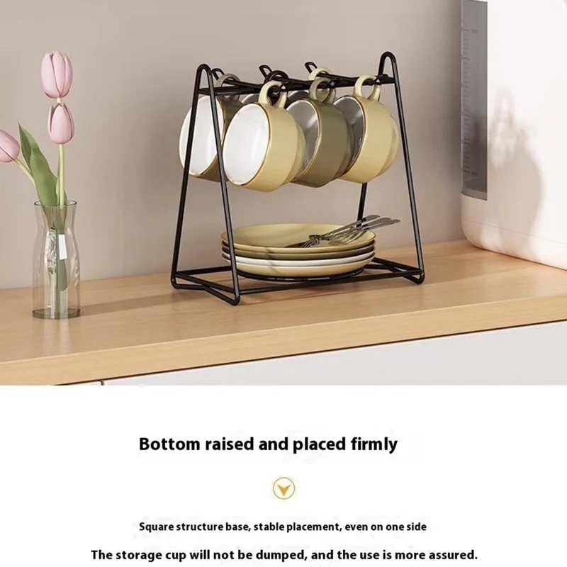 Cup Holder Stand Iron Art Kitchen Storage Rack Coffee Mug Organizer Dish Display Shelf - Black