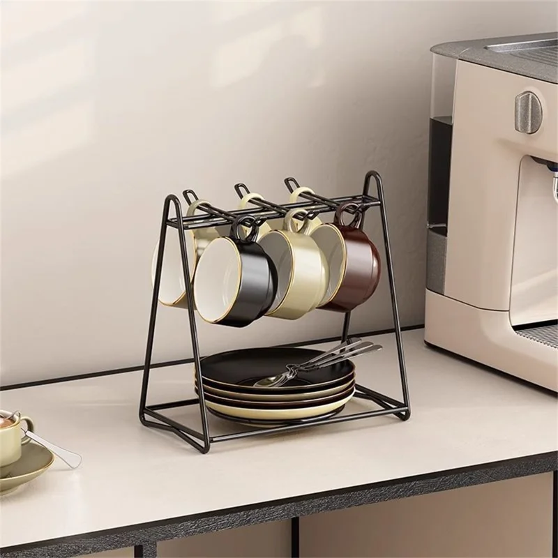 Cup Holder Stand Iron Art Kitchen Storage Rack Coffee Mug Organizer Dish Display Shelf - Black