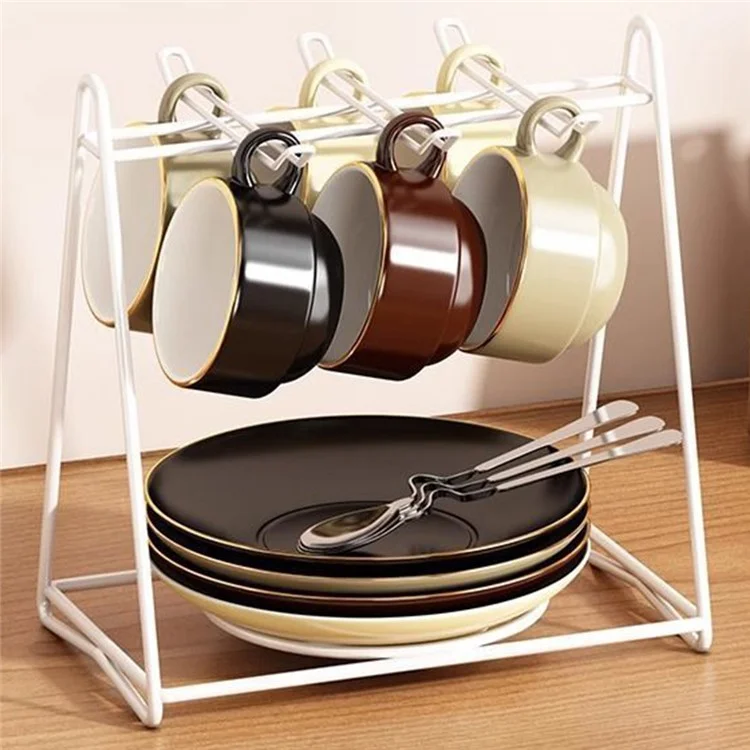 Cup Holder Stand Iron Art Kitchen Storage Rack Coffee Mug Organizer Dish Display Shelf - White