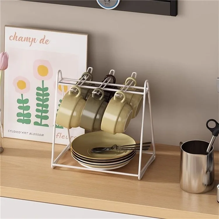 Cup Holder Stand Iron Art Kitchen Storage Rack Coffee Mug Organizer Dish Display Shelf - White