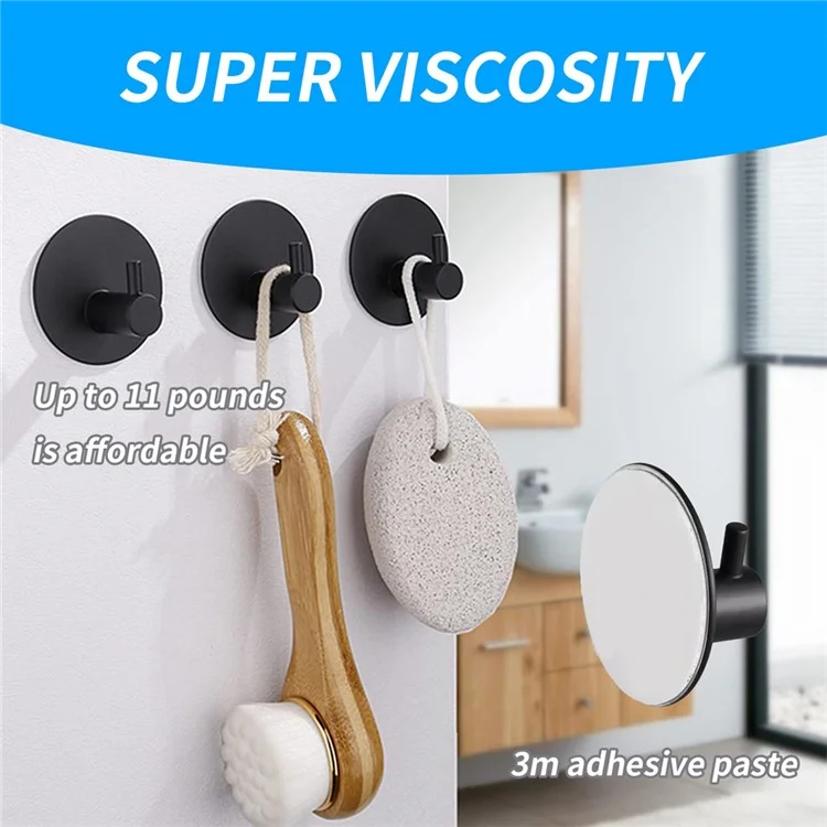 4 Piezas de Gancho Organizador de Pared de Acero Inoxidable 304 Adhesivo Sin Perforación Cilíndrico para Toallas de Baño - Negro