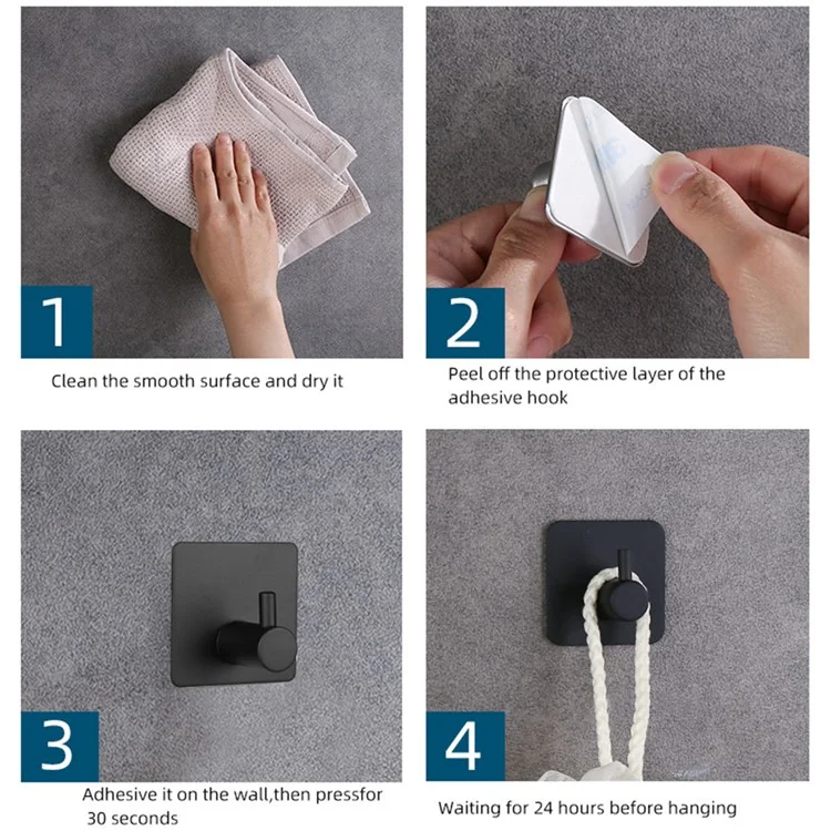 4 Piezas de Gancho Organizador de Pared de Acero Inoxidable 304 Adhesivo Sin Perforación Cilíndrico para Toallas de Baño - Negro