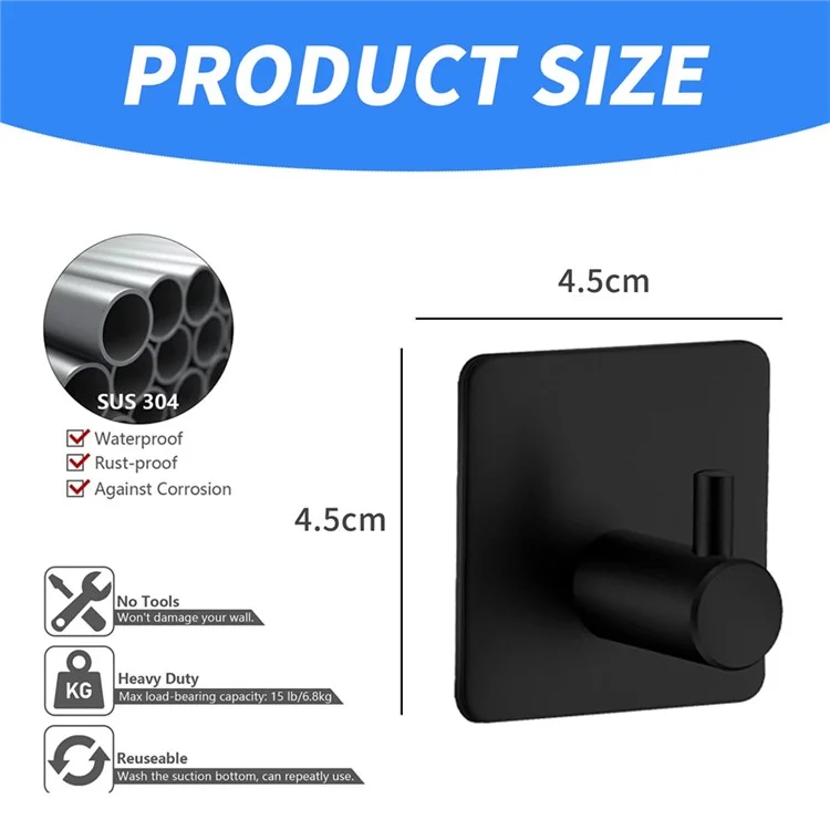 4 Piezas de Gancho Organizador de Pared de Acero Inoxidable 304 Adhesivo Sin Perforación Cilíndrico para Toallas de Baño - Negro