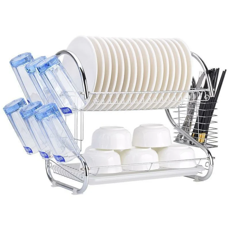 Kitchen Bowl Plate Organizer Stainless Steel 2-Tier S-Shaped Dish Drying Rack with Chopsticks Holder - Cup Holder