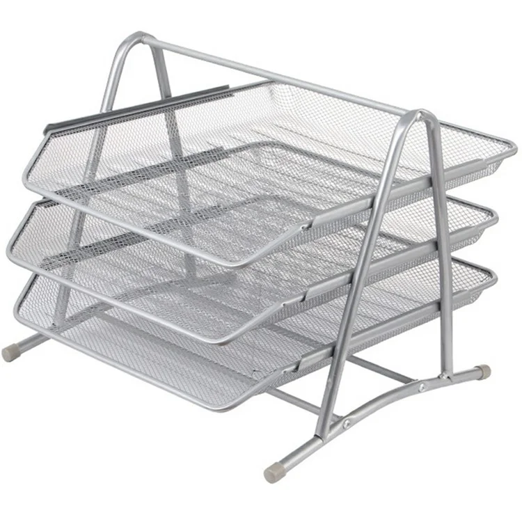 3 Tiers File Organizer Metal Mesh Stackable Desk Tray Paper Sorter Document Holder Rack - Silver
