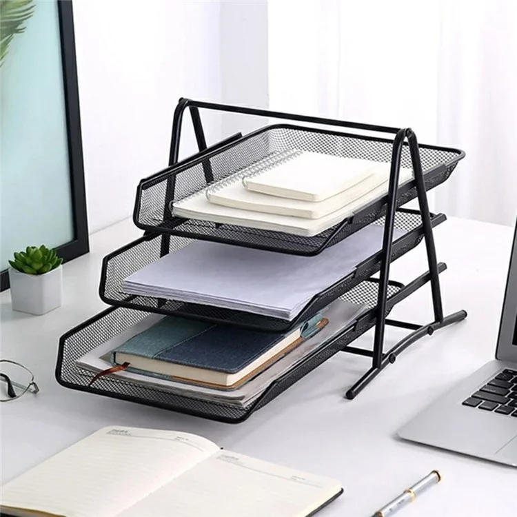 3 Tiers File Organizer Metal Mesh Stackable Desk Tray Paper Sorter Document Holder Rack - Silver